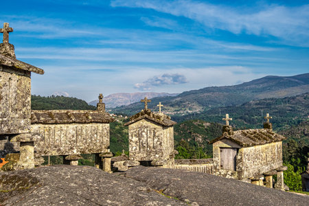 View of the communitarian granaries, called espigueiros, in the village of Soajo, Peneda National Park, Northern Portugalの写真素材