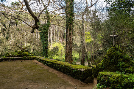 Abandoned and empty medieval Convento dos Capuchos in the Serra de Sintra National Park in Portugalの写真素材
