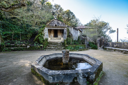 Abandoned and empty medieval Convento dos Capuchos in the Serra de Sintra National Park in Portugalの写真素材