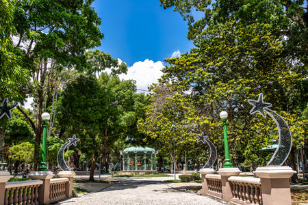 Praca Batista Campos in the city of Belem, state of Para, Brazil. A square located in the neighborhood of the district with the same name. Tourist attraction is the bandstand in French architectureの写真素材