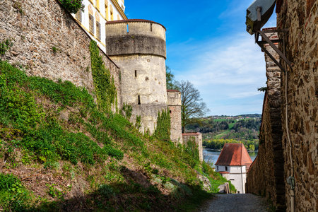 Veste Oberhaus in Passau, Germany, a fortress founded in 1219 and the stronghold of the Bishop of Passau. This building is used as a Youth Hostel.の写真素材