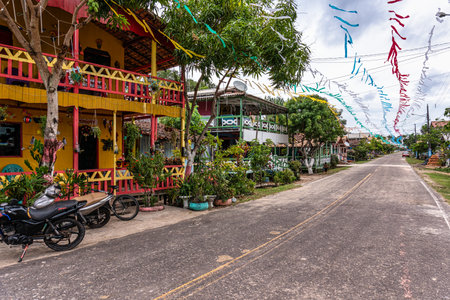 Colorful natural-framed houses with balconies at Pesqueiro, Soure in Marajo Island in Brazil.