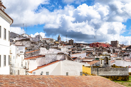 View over Elvas in Portugal with its typical Portuguese buildings and cobblestone streets. Cityscape