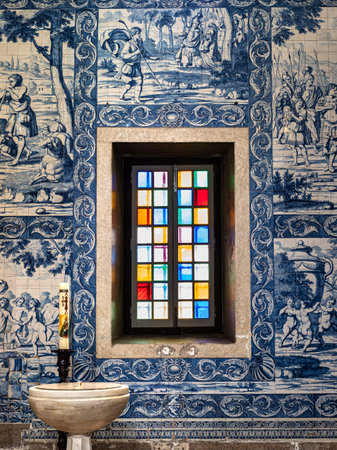 Interior and magnificent azulejo tiling in the famous Santuario de Nossa Senhora da Nazare,...