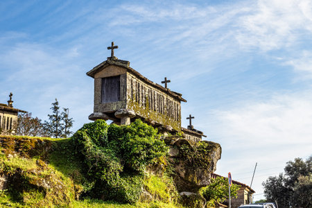 View of the communitarian granaries, called espigueiros, in the village of Soajo, Peneda National Park, Northern Portugalの写真素材