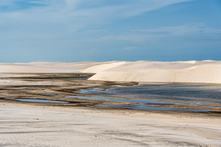 Dunes and lagoons of lagoa bonita, Lencois Maranhenses, Barreirinhas in Brazil. White sand dunes with pools of fresh and transparent water.の写真素材