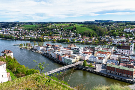Confluence of rivers Inn, Danube and Ilz in Passau, Bavaria in Germany. The City of Three Riversの写真素材