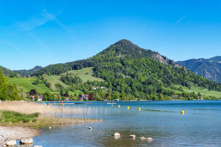 Beautiful hiking trail around Lake Schliersee in the Bavarian Alps at Schliersee, Upper Bavaria, Germany in Europeの写真素材