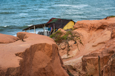 Famous barracas, bars and restaurants at Canoa Quebrada Beach at Canoa Quebrada, state of Ceara, Brazilの写真素材
