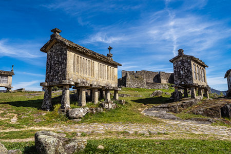 View of the communitarian granaries, called espigueiros, in the village of Lindoso, Peneda National Park, Northern Portugalの写真素材