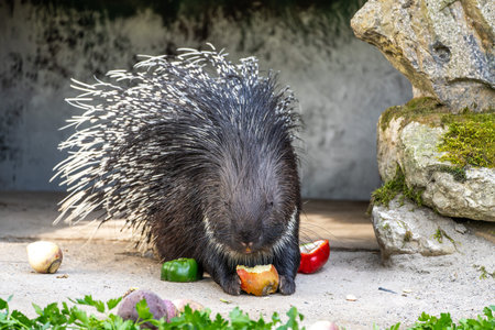 The Indian crested Porcupine, Hystrix indica or Indian porcupine, is a large species of hystricomorph rodent belonging to the Old World porcupine family, Hystricidaeの写真素材