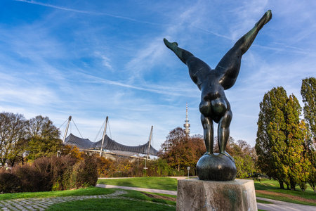 Golden autumn view in the Olympiapark in Munich, Germany. This is an Olympic Park which was constructed for the 1972 Summer Olympics in Munichの写真素材