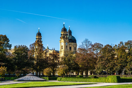 Autumn view of the Theatine Church of St. Cajetan - Theatinerkirche St. Kajetan, a Catholic church in Munich, founded by Elector Ferdinand Maria and his wife, Henriette Adelaide of Savoy.の写真素材