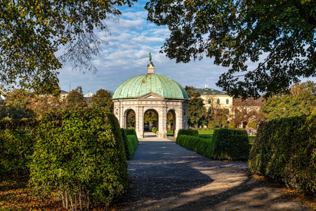 Hofgarten Park with Diana Temple in Munich. The Diana Pavilion and the grounds of the Hofgarten, adjacent to the Munich Residenz and Odeonsplatz.の写真素材