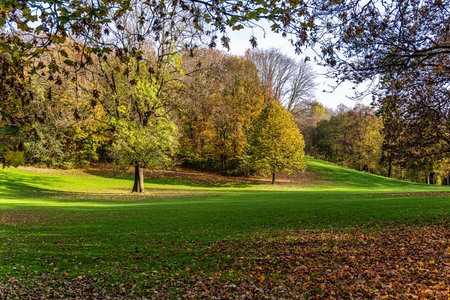 Autumn view of the Luitpold park, located near the Olympic Park in Munich, Bavaria, Germanyの写真素材