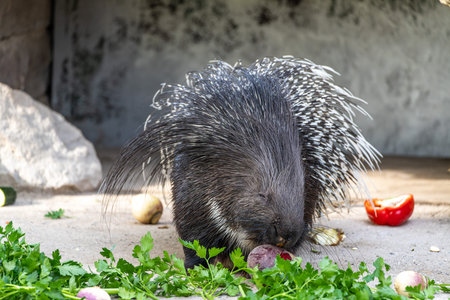 The Indian crested Porcupine, Hystrix indica or Indian porcupine, is a large species of hystricomorph rodent belonging to the Old World porcupine family, Hystricidaeの写真素材