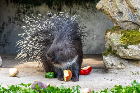 The Indian crested Porcupine, Hystrix indica or Indian porcupine, is a large species of hystricomorph rodent belonging to the Old World porcupine family, Hystricidaeの写真素材