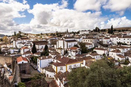 View of Obidos with renaissance Church of Saint Mary, Santa Maria at Obidos in Portugalの写真素材