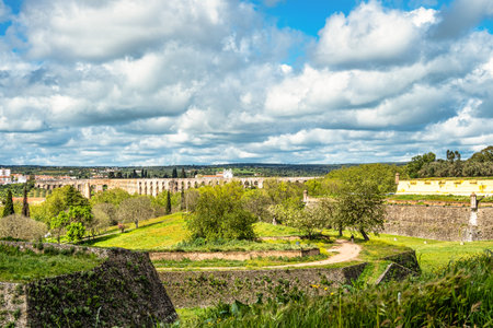 The Amoreira Aqueduct in the city of Elvas in Alentejo in Portugal.