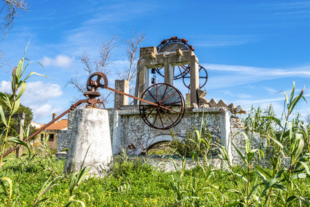 Old water mill at Ria Formosa national park at Faro in Portugal.の写真素材