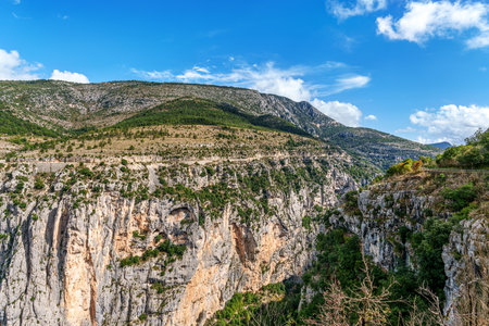Verdon Gorge, Gorges du Verdon in French Alps, Provence, France. Amazing landscape of the famous canyon with winding turquoise-green colour river and high limestone rocksの写真素材
