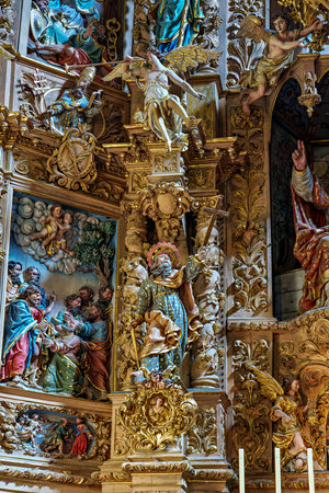 Prades, France - Sep 25, 2025: Interior of historic Saint Pierre church in Prades features a striking Romanesque bell tower in Languedoc-Roussillon, France.のeditorial素材