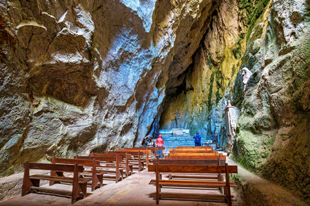 Aude, France - Sep 24, 2025: The hermitage of Saint-Antoine de Galamus, located within the gorges of Galamus, Aude, Eastern Pyrenees, Languedoc Roussillon, France in Europeのeditorial素材