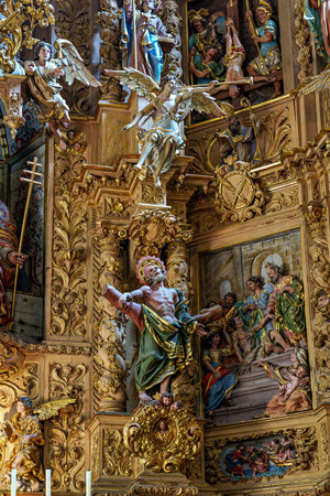 Prades, France - Sep 25, 2025: Interior of historic Saint Pierre church in Prades features a striking Romanesque bell tower in Languedoc-Roussillon, France.のeditorial素材
