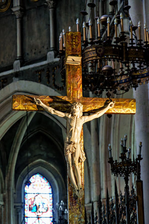 Lourdes, France - Sep 28, 2025: Interior of the Basilica in the Sanctuary of Lourdes, France. Mayor pilgrimage spot for Catholics all around the worldのeditorial素材