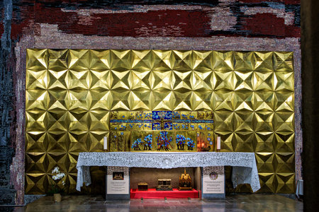 Lourdes, France - Sep 28, 2025: Interior of the Basilica of Saint Pius X, informally known as the Underground Basilica in Lourdes, Franceのeditorial素材