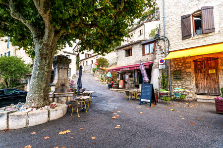 Trigance, France - Sep 22, 2025: The narrow streets of the medieval village Trigance in France. The village is included in the list of The most beautiful villages of Franceのeditorial素材