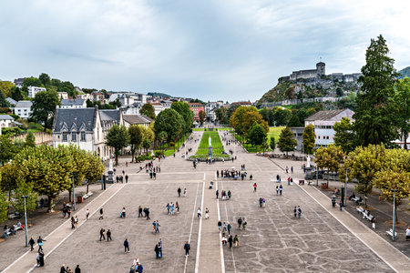 Lourdes, France - Sep 28, 2025: Rosary Square in front of the Rosary Basilica, Sanctuary Of Our Lady Of Lourdes, Lourdes, Hautes-Pyrenees, Occitanie, France, Europeのeditorial素材