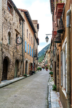 Villefranche-de Conflent, France - Sep 25, 2025: Street scene in the historic, scenic Villefranche de Conflent, France in the Catalonia Region.のeditorial素材