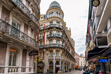 Lourdes, France - Sep 28, 2025: Architectural details of the city center of Lourdes, a market town in the Pyrenees, Hautes-Pyrenees, Occitanie, southwestern France.のeditorial素材
