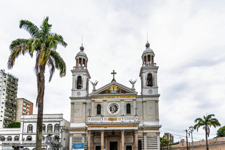 White facade of the Basilica of Our Lady of Nazareth at Belem in Brasil, Basilica of Nossa Senhora do Nazareの写真素材