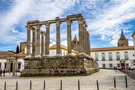 Evora, Portugal - Apr 01, 2025: Ruins of the Roman Temple in Evora, Alentejo, Portugal. Temple of Diana, one of the best preserved Roman temples in the Iberian Peninsula, a UNESCO World Heritage siteのeditorial素材