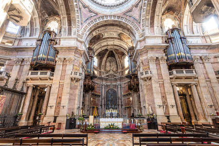 Mafra, Portugal - Apr 11, 2025: Interior of the Mafra National Palace, Convent and Basilica. Franciscan Religious Order. Baroque architecture at Mafra north of Lisbon in Portugal.のeditorial素材