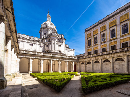 Mafra, Portugal - Apr 11, 2025: Courtyard of the Mafra National Palace, Convent and Basilica. Franciscan Religious Order. Baroque architecture at Mafra north of Lisbon in Portugal.のeditorial素材