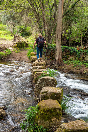Portalegre, Portugal - Apr 06, 2025: Walking across a bridge of stones over a stream at Percurso Pedestre de Galegos in Portalegre District in Portugalのeditorial素材