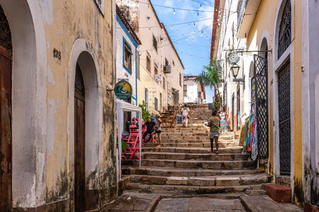 Sao Luis, Brazil - Jan 11, 2026: Traditional Portuguese colonial architecture color and style on Rua...