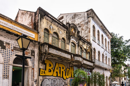 Sao Luis, Brazil - Jan 15, 2026: Traditional Portuguese colonial architecture color and style on Rua...