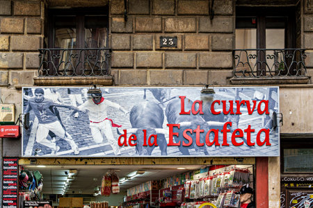 Pamplona, Spain - Oct 09, 2025: Street life with shops and restaurants in the spanish city Pamplona, Navarre, Spain in Europeのeditorial素材