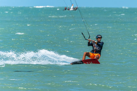 Barra Grande, Brazil - Jan 22, 2026: Kite surfing at Barra Grande beach on the coast of Piaui in...