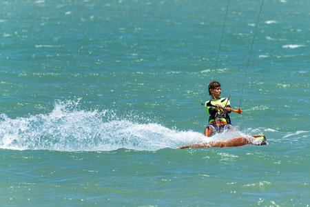 Barra Grande, Brazil - Jan 22, 2026: Kite surfing at Barra Grande beach on the coast of Piaui in...