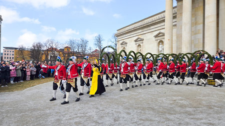 Munich, Germany - Feb 08, 2026: Traditional dance of the coopers guild in historical dresses, performed every seven years during the carnival season in Munich, Bavaria in Germanyのeditorial素材