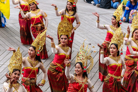 Munich, Germany - May 17, 2025: Monks and groups of Buddhist communities dressed in ceremonial robe take part at the vesakh festival in Munich, Germanyのeditorial素材