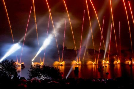 The colorful light of fireworks at Munich Olympiapark, Germany in Europeの写真素材