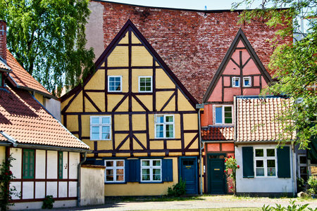 istoric architecture of the Port city Stralsund located on the island of Rugen in Germany, Europeの写真素材