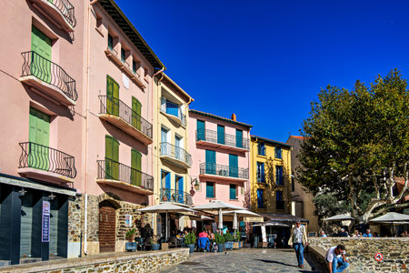 Collioure, France - Nov 03, 2025: City old town of Collioure in France. Village next to Mediterranean sea. Tourism in the south of France, Europeのeditorial素材