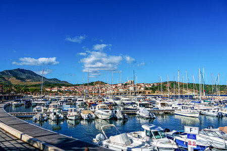 Banyuls sur Mer, France - Nov 03, 2025: Port of Banyuls-sur-Mer with traditional Catalan fishing boats, France in Europeのeditorial素材